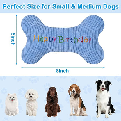 2026 Birthday Squeaky Dog Toys, Embroidered Bone Shape Blue Corduroy Pet Pillow 8"x5", Soft Cotton Filled Cute Fun Dog Chew Puzzle Toy Birthday Gifts for Small Medium Dogs(Happy Birthday)