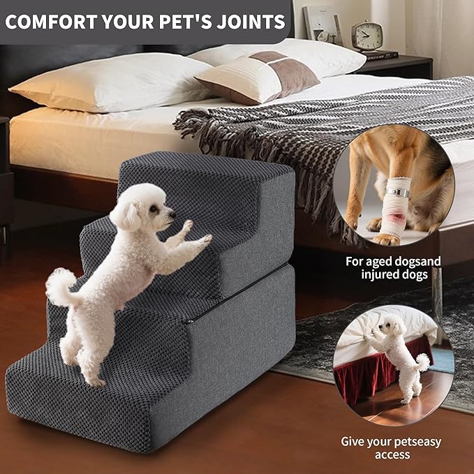 Dog Stairs for Small Dogs & Cats 18" H, 4-Step Non-Slip Dog Steps for Bed, Sofa and Chair, Pet Stairs with High Density Foam, Grey