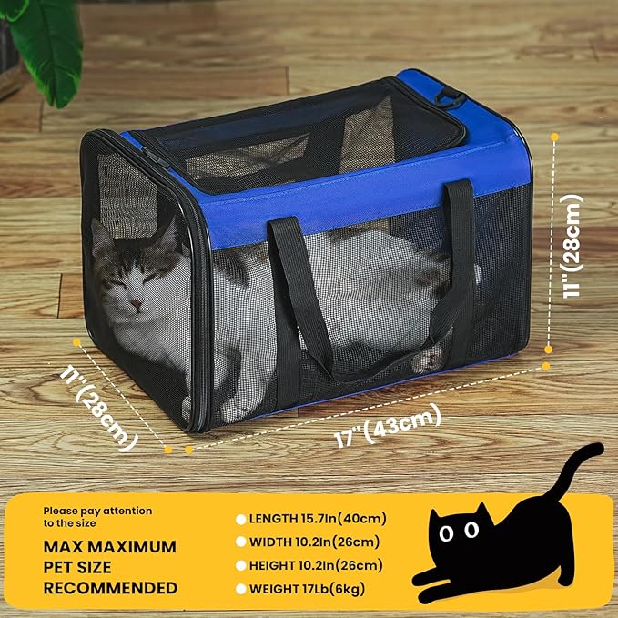 Cat Carrier Bag,Soft-Sided Pet Carriers for Dogs with 4-Sided Mesh,Airline Approved Cat Transport Carrier for Small&Medium Cats Kitten Puppy Up to 15LB,Collapsible Cat Travel Carrier-M,Blue