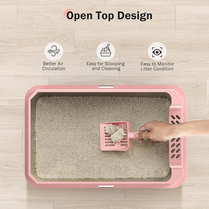 Stainless Steel Litter Box, Extra Large Litter Boxes for Big Cats, XLarge Metal Cat Litter Box with Lid, Anti-Urine Leakage XL Box with High Sides, Easy Clean, Non-Sticky, Scoop Included (Pink, XL)