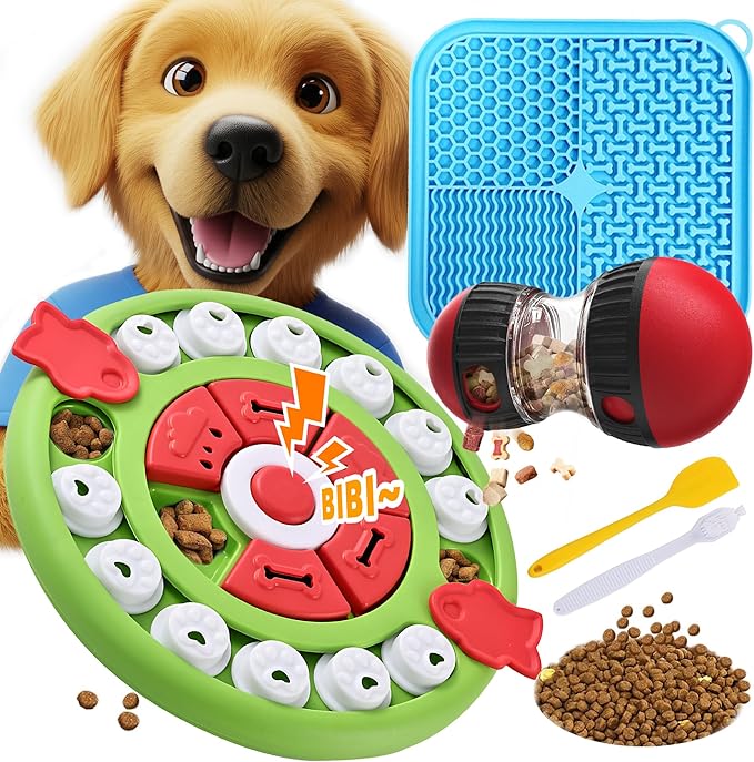 5 in 1 Dog Puzzle Toy Set for Slow Feeding and Puppy IQ Training, Stimulating Cognitive Anxiety Relief and Keeping Dog Busy, Pet Interactive Toy, Treat Dispensing Ball and Lick Mat for Flur