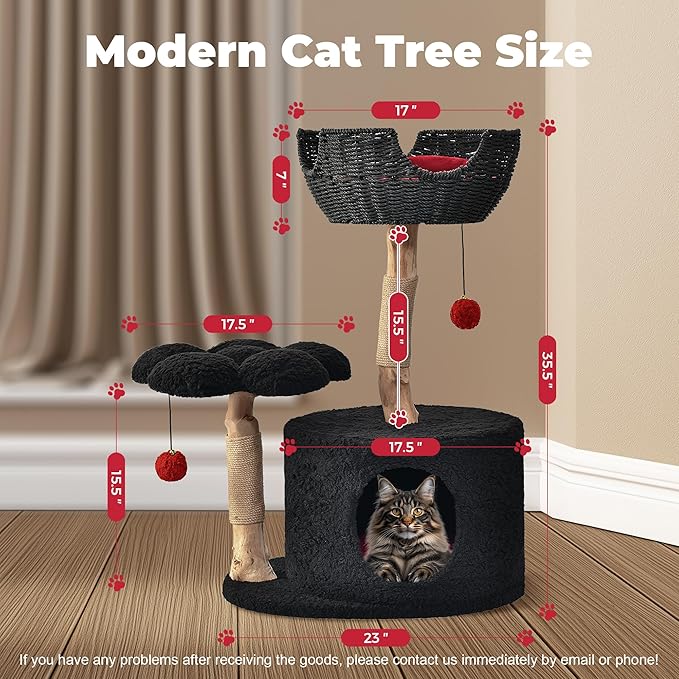 Easyego Modern Cat Tree, 35.5" Aesthetic Wood Cat Tree Tower for Large Cats, Luxury Cat Condo with Scratching Posts and Flower Platforms, Cat Furniture, Black