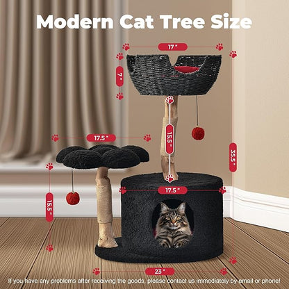 Easyego Modern Cat Tree, 35.5" Aesthetic Wood Cat Tree Tower for Large Cats, Luxury Cat Condo with Scratching Posts and Flower Platforms, Cat Furniture, Black