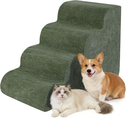 Dog Stairs for Small Dogs 17.7" H, 4-Step Dog Ramp for Aged and Injured Dogs, Foam Pet Stairs for Cats to Get on Bed, Couch or Chair, Non-Slip, Steady, Washable Cover, Green