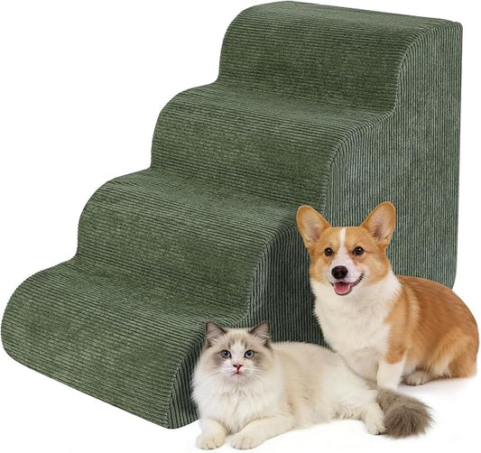 Dog Stairs for Small Dogs 17.7" H, 4-Step Dog Ramp for Aged and Injured Dogs, Foam Pet Stairs for Cats to Get on Bed, Couch or Chair, Non-Slip, Steady, Washable Cover, Green