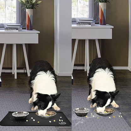 Silicone Waterproof Dog Cat Pet Feeding Mats, Non Slip, Easy Clean Pet Dog Cat Bowl Mats Placemat (24" x 16") Black