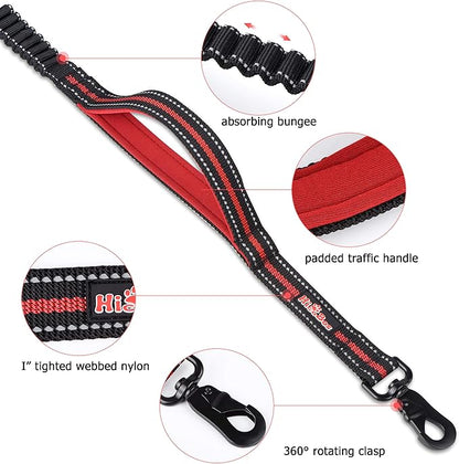 Dog Training Leash 6ft for Large Medium Dogs-2 Padded Traffic Handle Rope- Heavy Duty Shock Absorbing Bungee- Optional Hands Free for Dog Training, Walking, Jogging & Biking (Red)