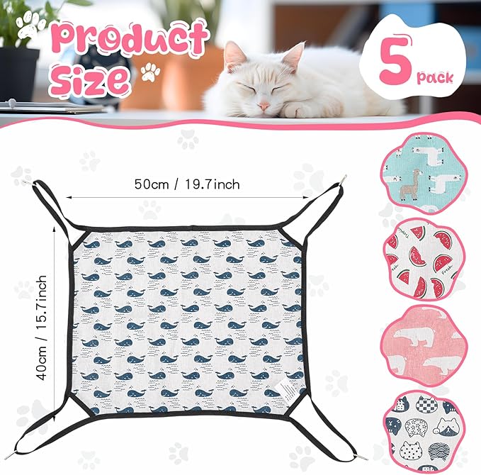 Shappy 5 Pcs Pet Hammock for Cage Hanging Pet Hammock Bed with Metal Hooks Cats Ferret Soft Bed Suitable for Guinea Pig Hamster Gerbil Kittens Cats Cage(Cute)