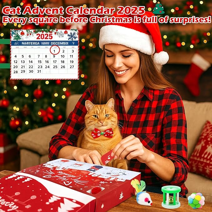 Mity rain Cat Advent Calendar 2025 with 24 Days of Surprises, Christmas Cat Toys with Cat Bowies, Bells, Mice, Catnip, Feather Toys, Xmas Fun Gifts for Cats Lovers