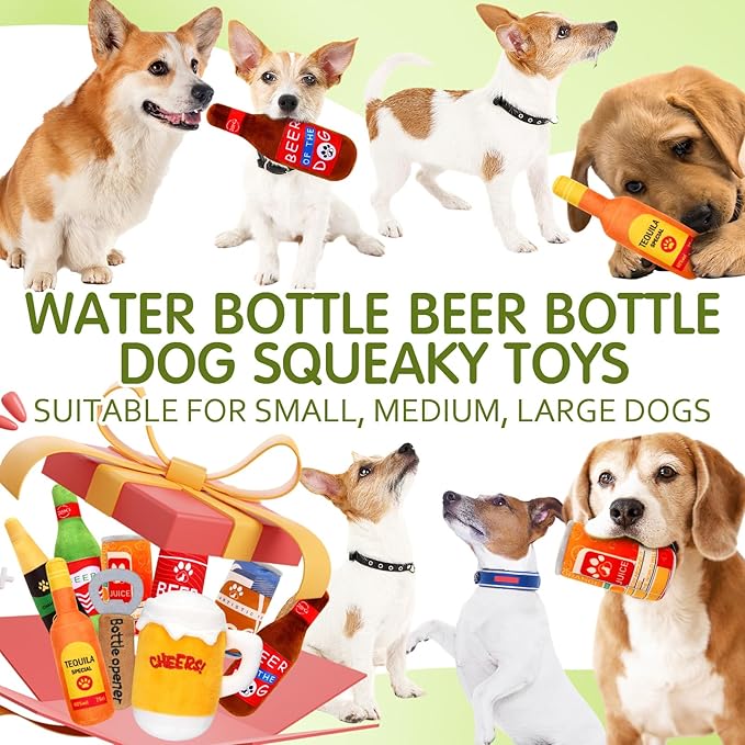 9 Pcs Beer Dog Squeaky Plush Toys Set Water Bottle Squeaky Toys Bulk Dog Interactive Funny Puppy Teething Chewing with Squeaker for Small and Medium Pet Training Teeth Doggie Birthday Gifts