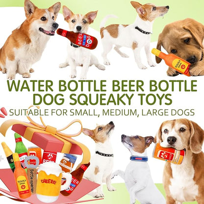 9 Pcs Beer Dog Squeaky Plush Toys Set Water Bottle Squeaky Toys Bulk Dog Interactive Funny Puppy Teething Chewing with Squeaker for Small and Medium Pet Training Teeth Doggie Birthday Gifts