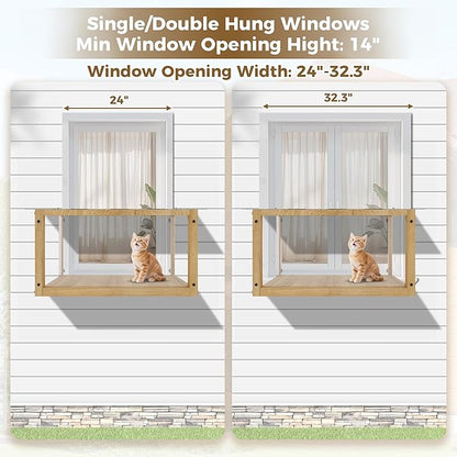 Waterproof Window Cat Perch Catio, Solid Wood Cat Window Box with Clear Acrylic Panels, Outdoor Cat Enclosure for Indoor Cats, Window Catio for Single-Hung Windows 24–35 in