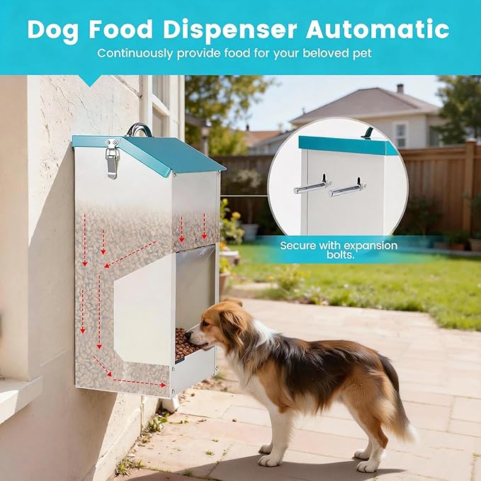 Automatic Dog Feeder Large Breed Outdoor & Indoor Galvanized Dog Food Dispenser 15lbs Wall Mountable Gravity Pet Food Station Auto Feeder Self Feeding with Clear Door for Puppy, Dog, Cat