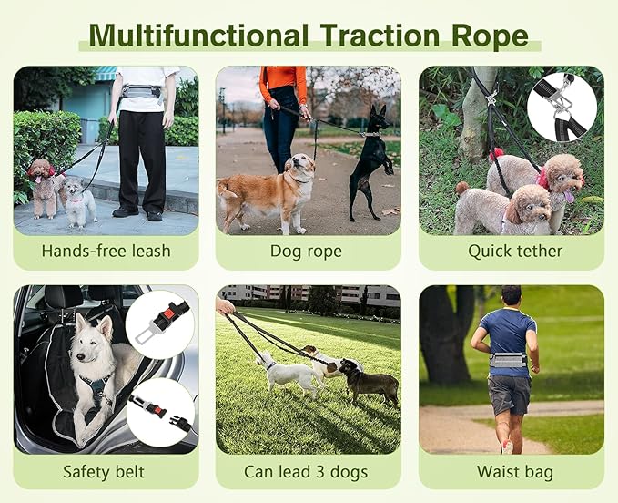 Pecute Dog Leash Hands Free 2 Dogs, Waist Belt Fanny Pack with Soft Padded, Dual Leash with Pouch, Two Handles, Durable Bungee, Dog Seat Belt, Running Walking Hiking Biking