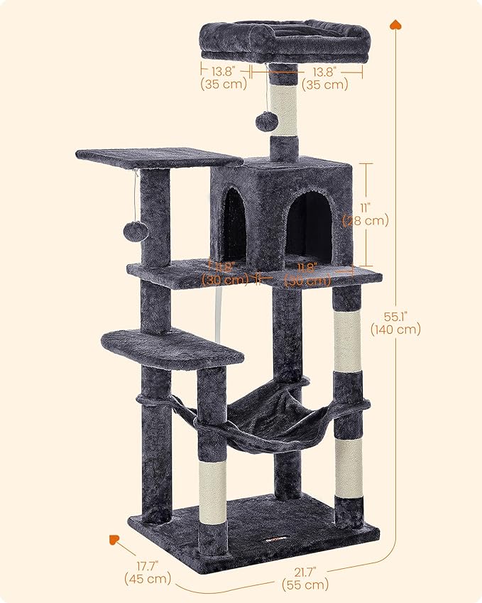 Feandrea Cat Tree, 55.1-Inch Cat Tower, Plush Multi-Level Condo with 4 Scratching Posts, 2 Perches, Hammock, Cave, Smoky Gray UPCT161G01