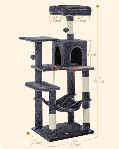Feandrea Cat Tree, 55.1-Inch Cat Tower, Plush Multi-Level Condo with 4 Scratching Posts, 2 Perches, Hammock, Cave, Smoky Gray UPCT161G01