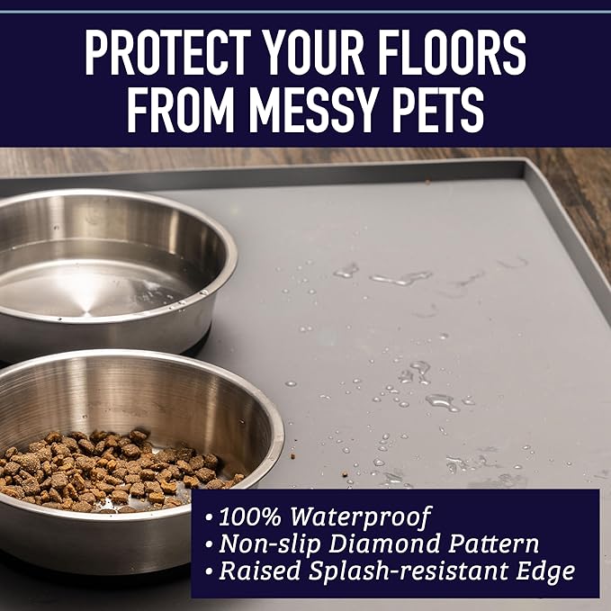 Leash Boss Waterproof Spill Guard Dog & Cat Silicone Dog Food Mat - Non-Slip Raised Edge Dog Bowl Mat - Waterproof Spill Guard Cat Food Tray - 25 x 17 in, Black
