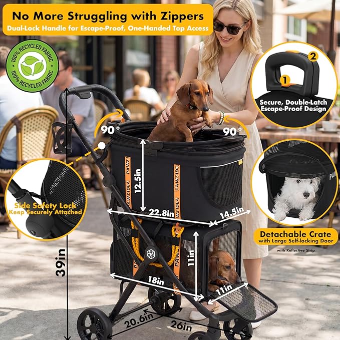 PAWZIDEA Double Pet Stroller with 2 Detachable Carrier, Lightweight Portable Travel Crate & Car Seat Combo & TSA-Approved Expandable Carrier, Foldable Jogger Stroller for 2–4 Cats or Small/Medium Dogs