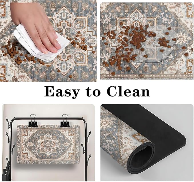 Dog Food Mats for Floors, Absorbent and Quick-Drying Pet Cat Food Mat,Anti-Fouling and Easy-to-Clean Pet Feeding Mat,Dog Bowl Mat for Messy Drinking Water Bowls.17 x27, Bohemia Style