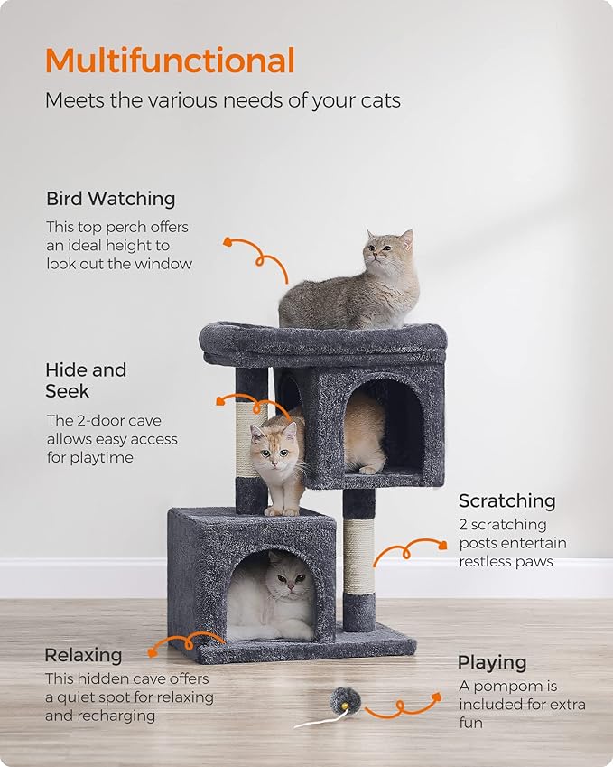 Feandrea Cat Tree, 29.1-Inch Cat Tower, Plush Condo for Medium Cats up to 11 lb, Large Perch, 2 Caves, Scratching Post, Smoky Gray UPCT612G01