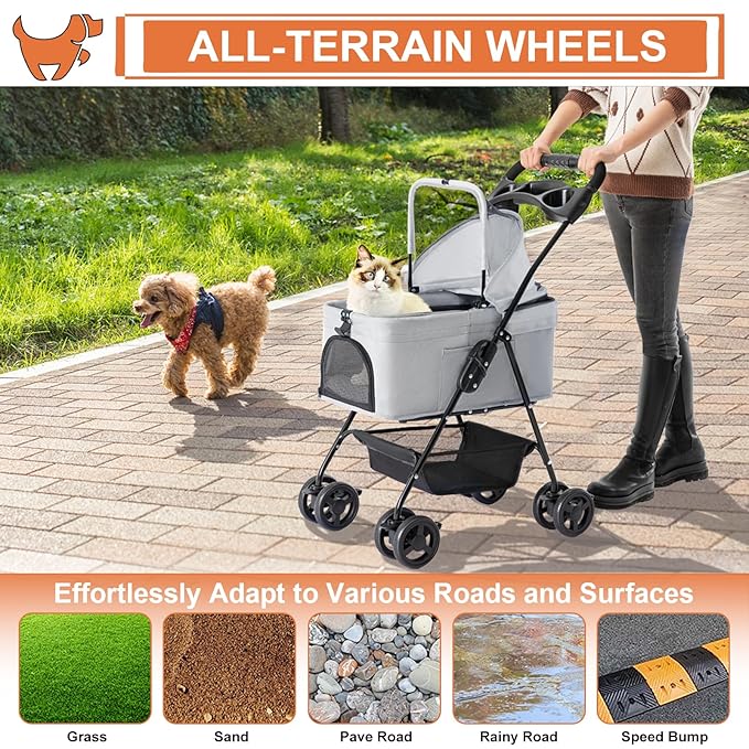 3-in-1 Pet Stroller for Small Dogs and Cats, Folding Lightweight Dog Stroller with Detachable Carrier Portable Cat Puppy Jogging Stroller with Cup Holder and Storage Basket, 4 Wheels