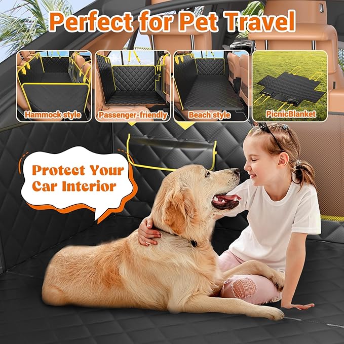 IJVAE Hard Bottom Car Seat Cover for Dogs.Gold Waterproof Dog Seat Cover for Back Seat Extender for Dogs,Scratch-Proof and Anti-Slip Car Dog Hammock for Large Dogs SUV,Gold(Holds 500 Lbs)