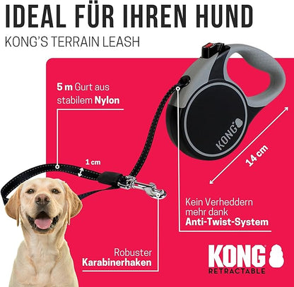 Alcott Kong Terrain Retractable Dog Leash, Medium, Grey, 16' Long.