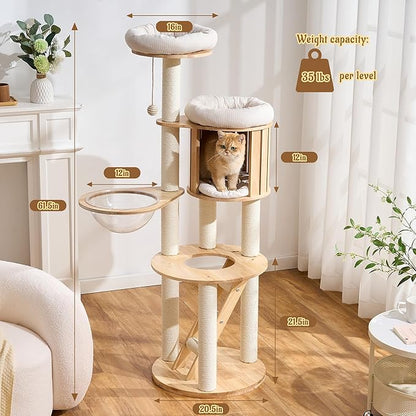 Modern Cat Tree Tower with Scratching Post, 61.5in Tall Cat Tree for Indoor Cats, Multi-Level Solid Wood Cat Furniture with Ladder, Cozy Cat Beds, Cat Condo, Capsule Nest, Dangling Toy, Natural