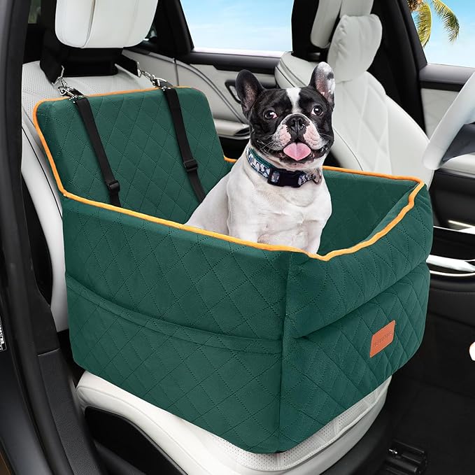 HEGGCOOE Dog Car Seat for Small Medium Dogs, Memory Foam Puppy Dog Booster Seat with Thick Cushion for Dogs Under 35lbs, Detachable Washable Pet Car Seat Travel Bed with Storage Pockets,2 Safety Belts