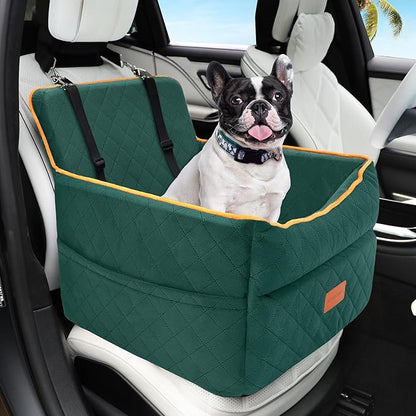 HEGGCOOE Dog Car Seat for Small Medium Dogs, Memory Foam Puppy Dog Booster Seat with Thick Cushion for Dogs Under 35lbs, Detachable Washable Pet Car Seat Travel Bed with Storage Pockets,2 Safety Belts