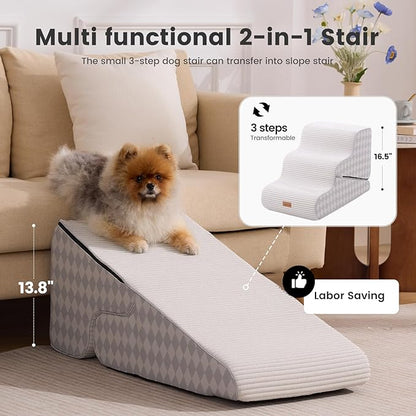 Gardner Pet Dog Stairs for Small Dogs 16.5" H, 2 in 1 Transformable 3-Step Pet Stairs and Ramp, Dog Steps for Couch Bed (13-20 in) Non-Slip Waterproof Cover and CertiPUR-US Certified Foam, Checked