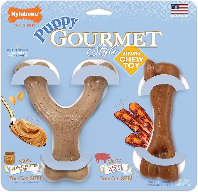 Nylabone Gourmet Style Femur & Wishbone Strong Chew Toy for Puppies, Puppy Teething Toy, Bacon & Peanut Butter Flavor, Small Dogs - Up to 25 Ibs, 2 Pack