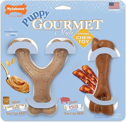 Nylabone Gourmet Style Femur & Wishbone Strong Chew Toy for Puppies, Puppy Teething Toy, Bacon & Peanut Butter Flavor, Small Dogs - Up to 25 Ibs, 2 Pack