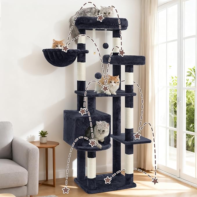 Cat Tree for Indoor Cats, 55.1 inch Cat Tower with 7 Sisal Scratching Posts, Multi-level Cat Condo wit Large Play Platform Furry Ball, Cat Cave, 2 Padded Perches, Basket, Smoky Gray GCT013G