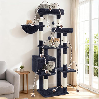 Cat Tree for Indoor Cats, 55.1 inch Cat Tower with 7 Sisal Scratching Posts, Multi-level Cat Condo wit Large Play Platform Furry Ball, Cat Cave, 2 Padded Perches, Basket, Smoky Gray GCT013G