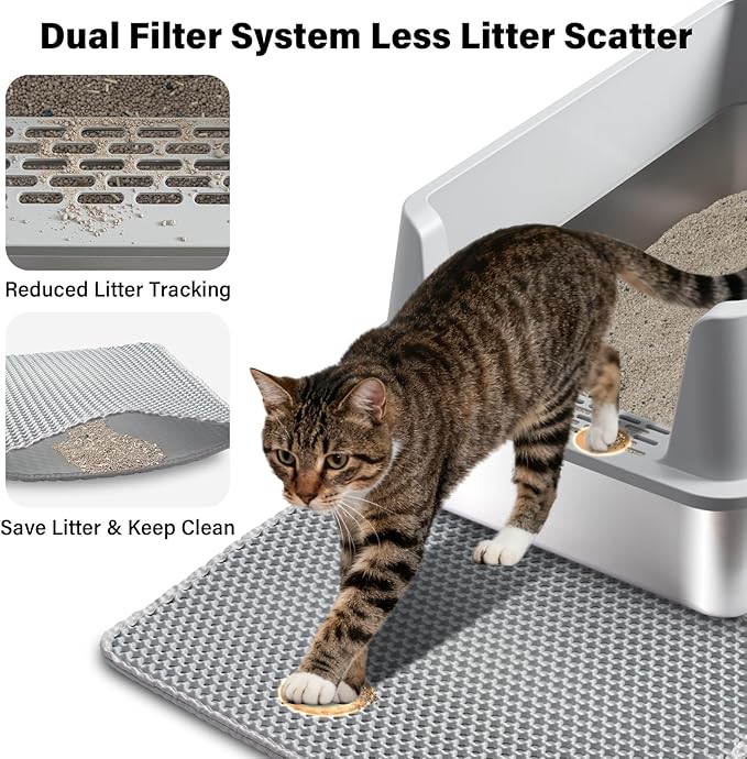 Stainless Steel Cat Litter Box with Lid, 2 Pack XL Metal Litter Box Stainless Steel with Mat & Scoop, Odor-Free/Anti-Leakage & Non-Stick, High-Sided Litter Box for Multiple Big Cats(XL/Grey)