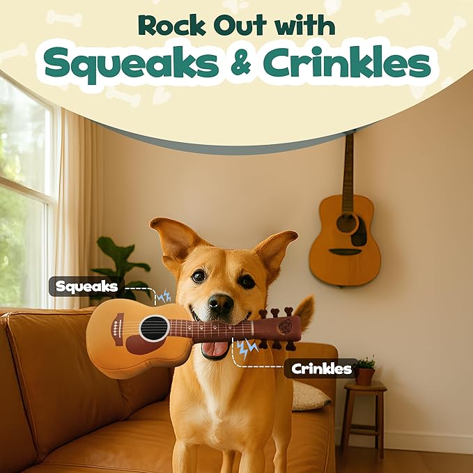 Acoustic Guitar Dog Toy – Funny Birthday & Easter Basket Dog Gift, Interactive Squeaker & Crinkle, Plush & Cute, Fun and Engaging Puppy Present