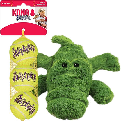 KONG Cozie Ali Alligator & SqueakAir Balls (3 Pack) - Dog Fetch & Chew Toys for Fun - Soft Toy Alligator for Indoor Play - Durable Dog Toy Balls for Outdoor Play - for Medium Dogs
