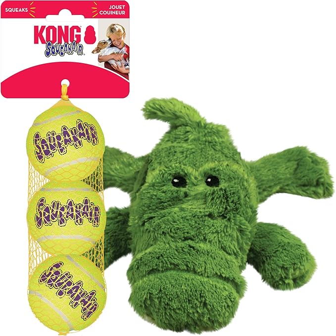 KONG Cozie Ali Alligator & SqueakAir Balls (3 Pack) - Dog Fetch & Chew Toys for Fun - Soft Toy Alligator for Indoor Play - Durable Dog Toy Balls for Outdoor Play - for Small Dogs