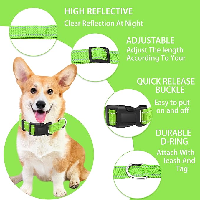 Reflective Dog Collar with Safety Locking Buckle, Adjustable Soft Breathable Nylon Collars for Small, Medium and Large Dogs(Collar+Leash M Green)
