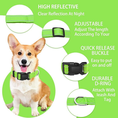 Reflective Dog Collar with Safety Locking Buckle, Adjustable Soft Breathable Nylon Collars for Small, Medium and Large Dogs(Collar+Leash XS Width 3/8" Green)