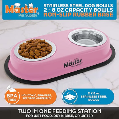 Master Pet Supply Double Dog Bowls Set with Elevated Base and 2 (8 oz) Stainless Steel Removable Dishes (Hyper Pink) – Double Cat Food Water Bowl, Dog Puppy Food Bowl Set, Rust Resistant