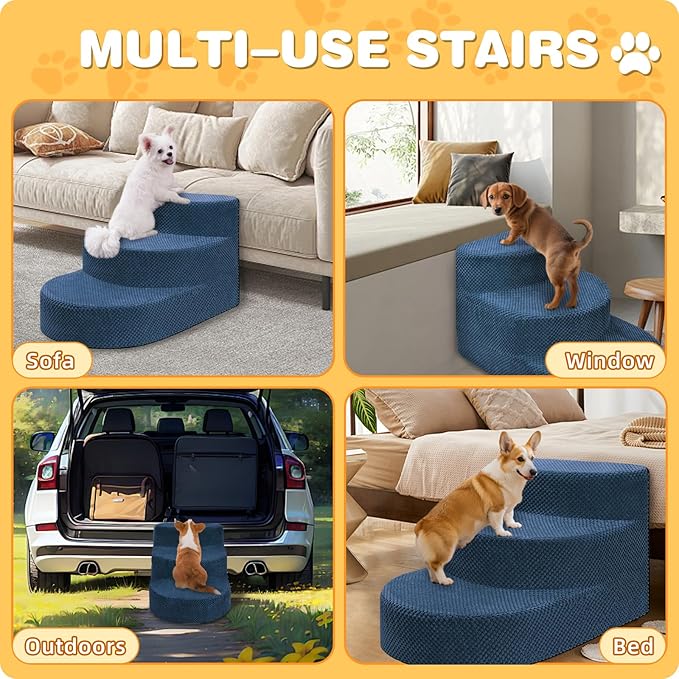 Dog Stairs for Small Dogs, Foam Steps for Small Dogs & Cats, 3 Steps Dog Ramp for High Beds, Couch, Window, Sofa, Pet Stairs with Removable Washable Cover, Non-Slip Sturdy Pet Steps, Navy Blue