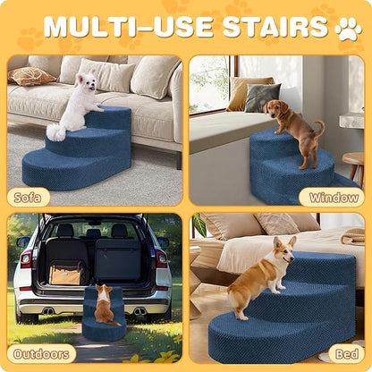 Dog Stairs for Small Dogs, Foam Steps for Small Dogs & Cats, 3 Steps Dog Ramp for High Beds, Couch, Window, Sofa, Pet Stairs with Removable Washable Cover, Non-Slip Sturdy Pet Steps, Navy Blue