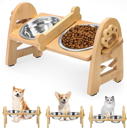 MCEAST Elevated Cat Bowls, Adjustable Raised Dog Bowls Stand with 2 Pieces 304 Stainless Steel Bowls, Bamboo Pet Elevated Bowl Cat Feeder for Newborn Cats Dogs Pets from 4.4 to 11 Pounds