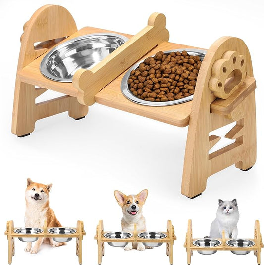 MCEAST Elevated Cat Bowls, Adjustable Raised Dog Bowls Stand with 2 Pieces 304 Stainless Steel Bowls, Bamboo Pet Elevated Bowl Cat Feeder for Newborn Cats Dogs Pets from 4.4 to 11 Pounds