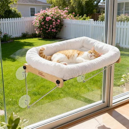 HoneyGuardian Cat Window Prech,Metal Support from Below with 4 Suction Cups, with Plush Cushion, Cat Window Hammock for Large Cats and Kittens
