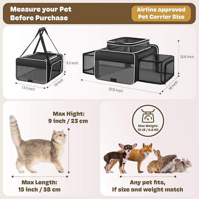 Top and 2 Sides Expandable Cat Carrier 18x13.5x9.5, TSA Airline Approved Dog Carriers for Small Dogs, Soft-Sided Pet Carrier with Self-Locking Zippers for Kitten,Rabbit,Puppy, Black White