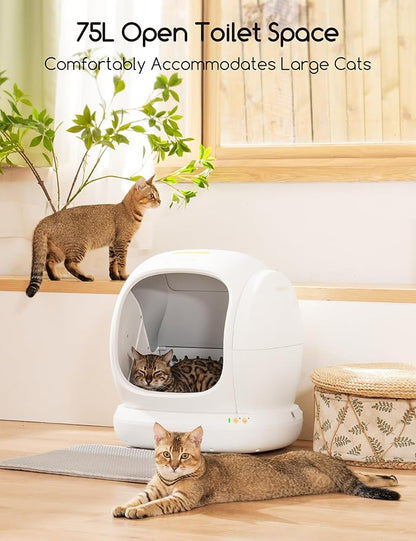 MeoWant Self-Cleaning Cat Litter Box, 75L Extra Large Open Automatic Cat Litter Box for Multi Cats, Integrated Safety Protection/APP Control/Odor Removal Smart Box with Mat & Liner