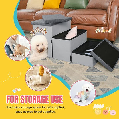 Dog Stairs for High Beds, Folding Pet Steps for Small Dogs and Cats with Storage and Condo, Non-Slip Dog Steps for Couch and Bed up to 22 inches(3 Steps, Grey-Dark Grey)